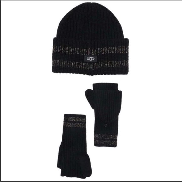 UGG AUSTRALIA MATALLIC PLAITED MITTEN GLOVE HAT GIFT SET BLACK NWT AUTHENTICTIC - Picture 1 of 6
